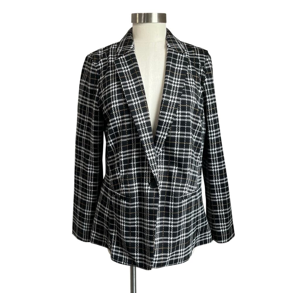 Loft Career Ponte Plaid‎ Black and White Blazer Size 14 Petites